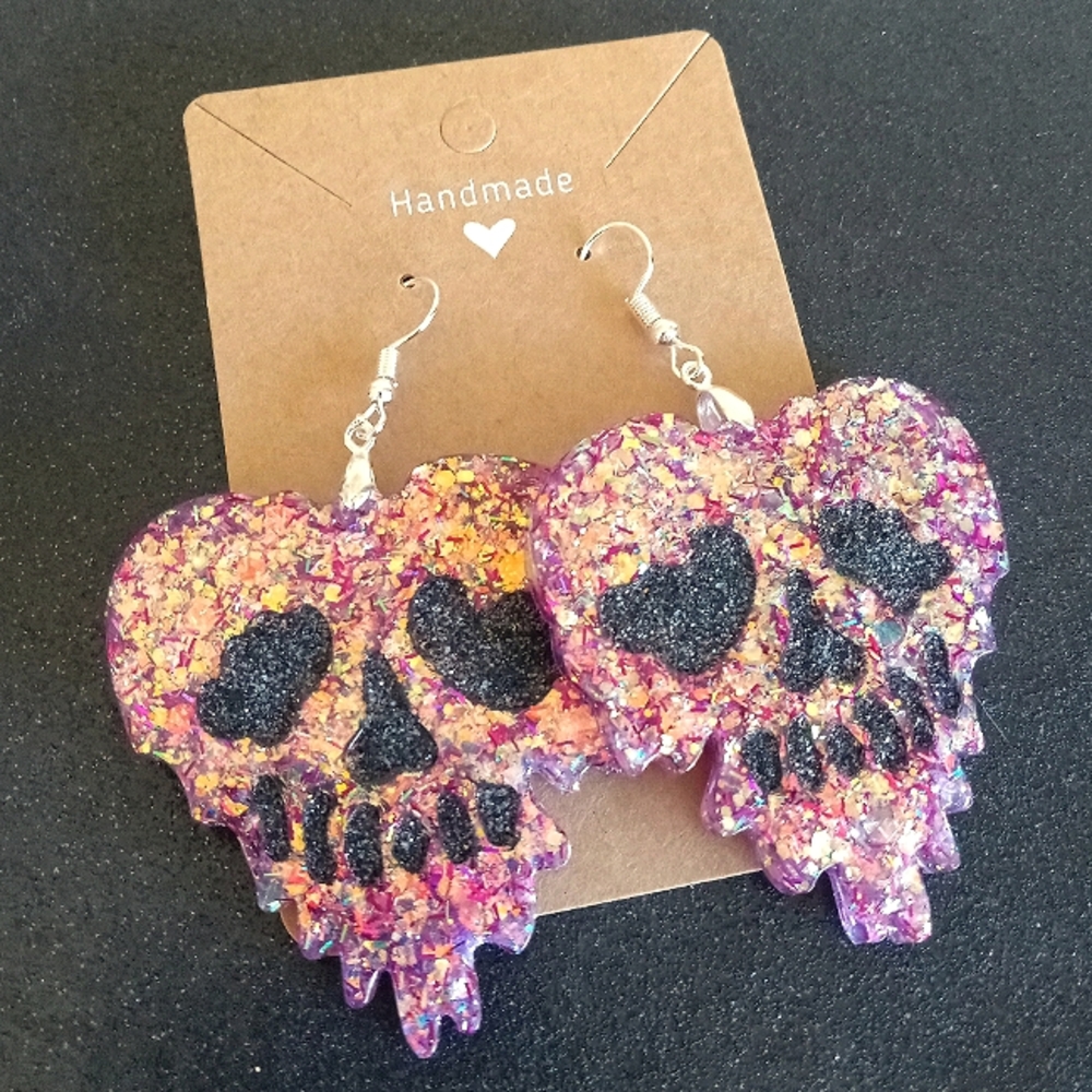 Purple pink iridescent drippy heart skull dangle earrings glitter resin New